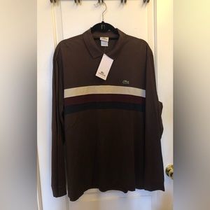 NWT brown Lacoste Long-sleeve Cotton polo w/ cream, maroon, navy blue stripes